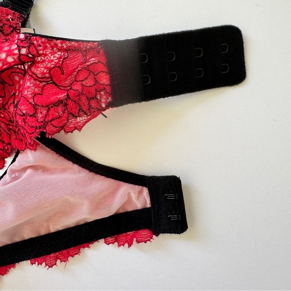 Victoria's Secret Bra Dream Angels Lined Demi Pink Red Lace Black Straps Bow 34C - Picture 9 of 13